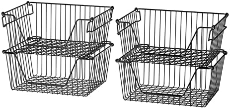 Slideep Wire Storage Baskets for Organizing, 4 Pack 14'' Stacking Metal Wire Freezer Organizer Bins with Handles, Large Pantry Baskets for Kitchen Cabinets, Bathroom, Laundry, Garage, Black by WelcometotheSlideep