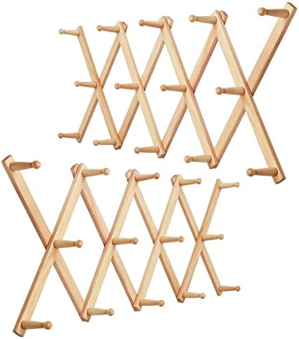 WEBI Accordion Wall Hanger,Expandable Wooden Hat Rack for Wall Mounted Coat Rack,Accordion Hat Hooks Holder for Baseball Caps,14 Peg,Natural,2 Packs by WEBI