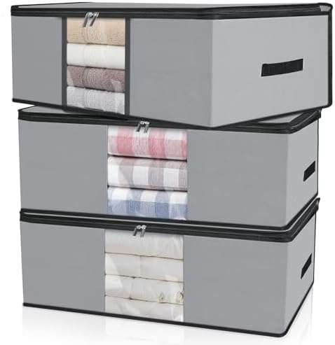 Cozary Pack of 3 60 L Underbed Storage Box, Foldable Storage Bag with Lid and Clear Window, Underbed Storage with Handle for Blankets, Bedding, Grey by Cozary