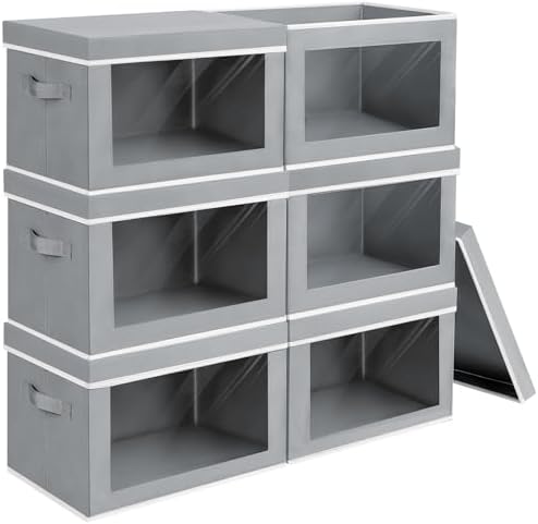 Homsorout Large Storage Bins with Lids - Fabric Storage Cubes with Window, Collapsible Bins for Clothes, 15.7 Inch Large Baskets for Bedroom, Dorm, Office, Grey, 6 Pack by Homsorout