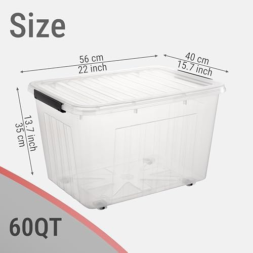 Cetomo 60Qt*6 Plastic Storage Bins with Lids, Storage Box with Wheel, Organizing Container with Wheels and Durable Lid, Stackable, Nestable, Transparent with Black Buckle, 60Quart-6 Pack - Image 4