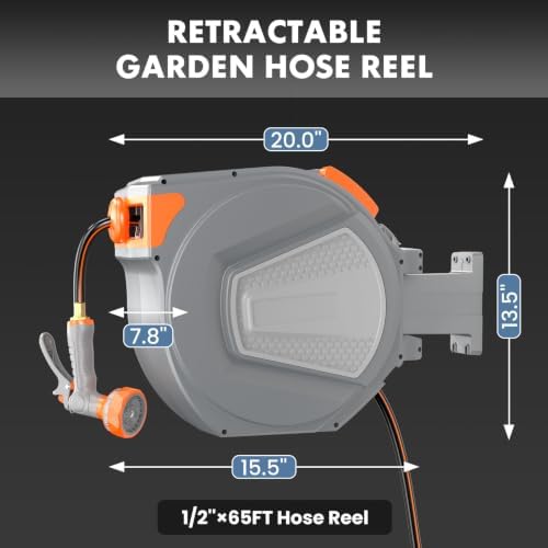 DUMOS Retractable Garden Hose Reel, 1/2 in X 65 ft Water Hose with Nozzle - Image 2