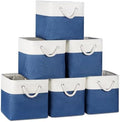 Temary Cube Storage Baskets 11x11, Set of 6 Decorative Fabric Bins with Metal Frame Around the Top Rim, Sturdy Collapsible Organizers for Closet, Office (White & Dark Blue) by TEMARY