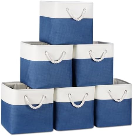 Temary Cube Storage Baskets 11x11, Set of 6 Decorative Fabric Bins with Metal Frame Around the Top Rim, Sturdy Collapsible Organizers for Closet, Office (White & Dark Blue) by TEMARY