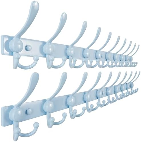 Dseap Coat Rack Wall Mount 37”, Heavy Duty 12-Gauge Base vs Flimsy 1mm, Double-Thick Anti-Snap Hooks, 16” Stud-Mount, Stainless Steel 10-Hook Hanger for Closet Entryway, Blue, Pack of 2 by Dseap