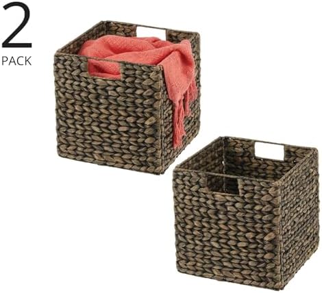 mDesign Natural Woven Hyacinth Cube Organizer Basket with Handles, Storage for Bathroom, Laundry Room Shelf or Nursery - Perfect for Cubby Storage Units - Hold Blankets and Books - 2 Pack, Black Wash - Image 2