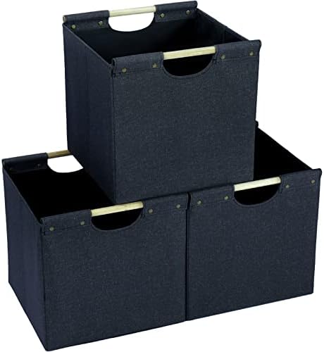 HOONEX Collapsible Storage Bins, 12x12x12in Storage Cubes Linen Fabric, 3 Pack, Storage Baskets with Wooden Carry Handles and Sturdy Heavy Cardboard, for Home, Office, Car, Nursery, Dark Grey by HOONEX