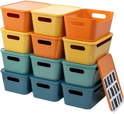 Tiawudi 12 Pack 4.5L Storage Bins with Lids, Plastic Storage Baskets for Home Classroom Organization, Multi-Use Organizer Bins for Cabinet, Pantry, Drawer, Countertop or Shelves, Colorful Containers by Tiawudi