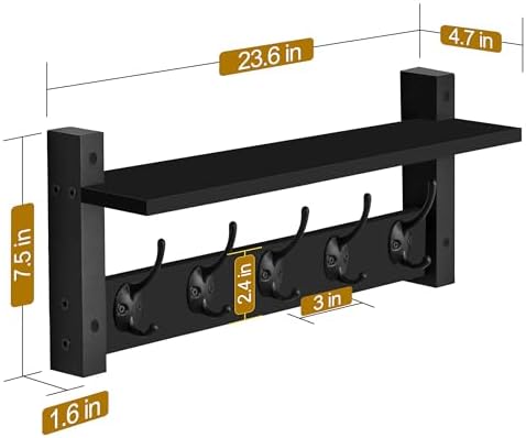 Sorbus Coat Rack Wall Mount with Shelf (Black, 24 Inch) - Image 3