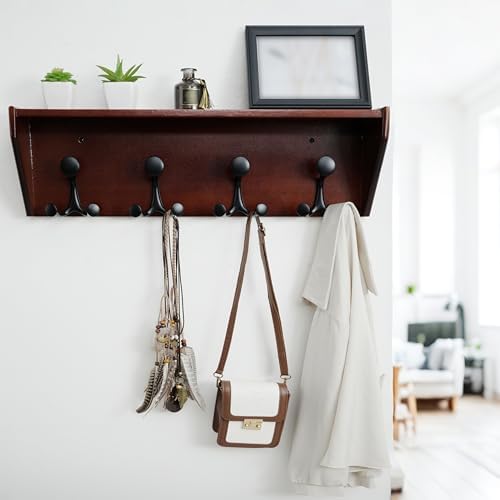 WEBI Wall Shelf with Hooks Underneath,24" Long Wall Mounted Coat Rack with Shelf,Entryway Coat Rack with 4 Triple Hooks for Hanging Coats,Jacket,Hallway,Bedroom,Mudroom,Cherry - Image 2