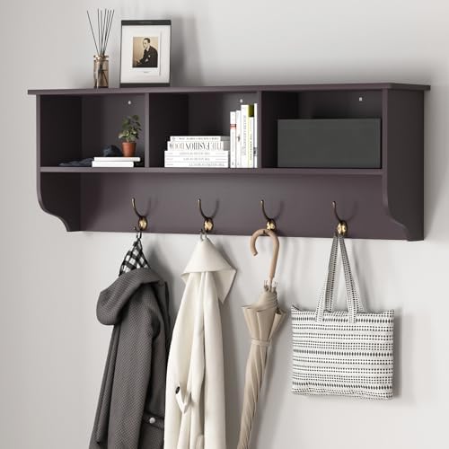 Wall Mounted Coat Rack with Shelf - Espresso MDF & Steel, 4 Hooks, 39"x8"x14" by HEIGHYOXPFurniture