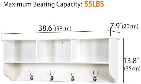 Wall Mounted Coat Rack with Shelf - Wall Hooks with Shelf, Entryway Hanging Shelf with 4 Dual Hooks for Clothes Hats Towel Purse Robes, Bathroom Mudroom Bedroom - 39"x8"x14" (White) - Image 6