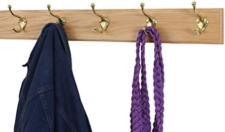 Solid Oak Coat Rack with Solid Brass Hat and Coat Style Hooks - Made in The USA (Natural, 25.5" x 3.5" with 5 Hooks) - Image 2