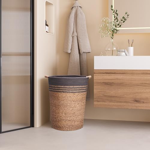 Seville Classics Premium Natural Handwoven Portable Laundry Bin Basket with Carrying Handles, Household Storage for Clothes, Linens, Sheets, Hamper with Liner, Gray - Image 2