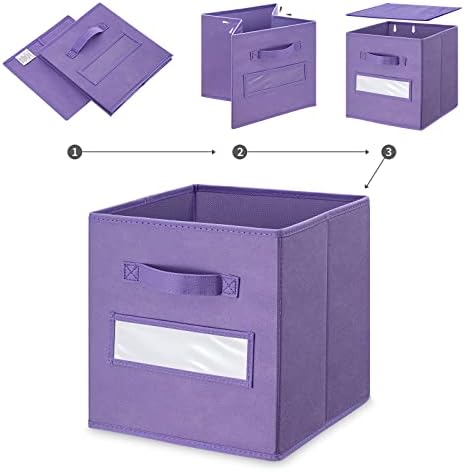 11 Inch Storage Cube,Storage bin,cube storage (Set of 10) Foldable Fabric Cube Storage Bins with 10 Labels Window Cards & a Pen,Baskets Containers for Shelves,Closet Organizers Box,Purple - Image 4