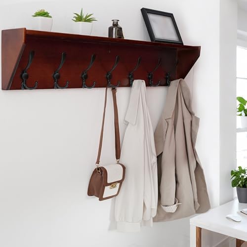 WEBI Coat Rack Wall Mount with Shelf,35" Long Wall Shelf with Hooks Underneath,7 Triple Hooks for Entryway,Hallway,Bedroom,Cherry - Image 2