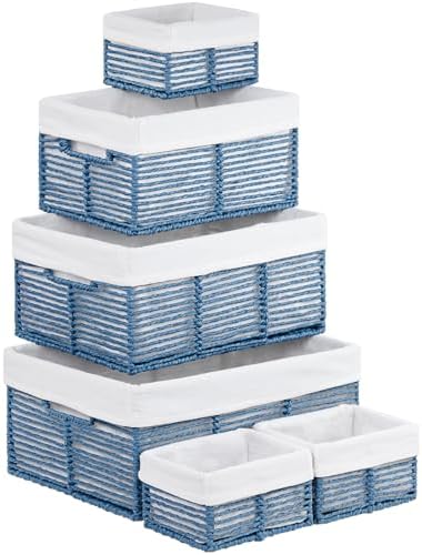 Vagusicc Wicker Storage Basket, 6 Pack Baskets for Organizing, Wicker Baskets with Handle, Rectangular Woven Basket for Storage Shelves, Cube Storage Bins for Closet/Clothes/Dresser, Blue by Vagusicc