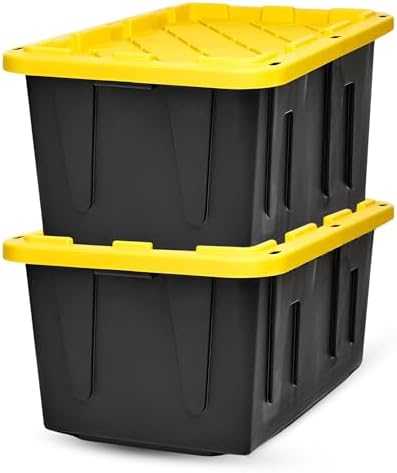 HOMZ Durabilt Plastic Storage Bins with Lids, 27 Gal, Black/Yellow, 2 Pack by Homz