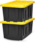 HOMZ Durabilt Plastic Storage Bins with Lids, 27 Gal, Black/Yellow, 2 Pack by Homz