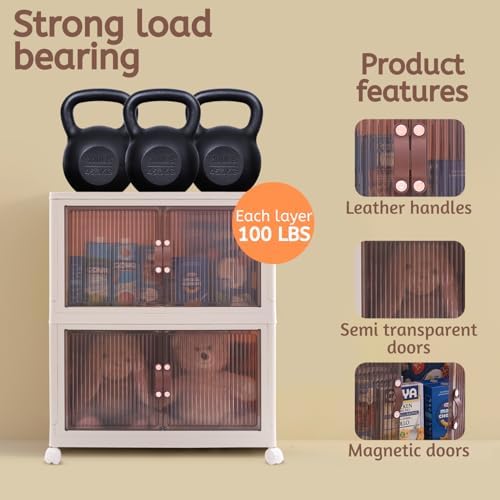 95 QT (285 QT Total) Stackable Storage Bins with Doors – 3 Tier Plastic Cabinet with Doors – Magnetic closure Foldable Storage Bins with Lids & Wheels –Collapsible Organizer with Leather Handles - Image 5