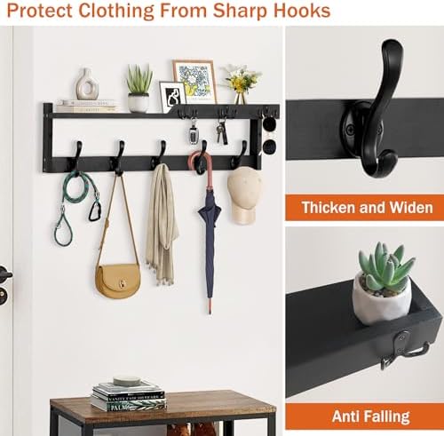 29'' Coat Rack Wall Mount with Shelf, Coat Hanger Wall Mount with Key Hooks and Mail Holder, Wood Entryway Floating Shelf with Hooks and Storage, Hat Rack for Wall Key Holder Mail Organizer - Image 3