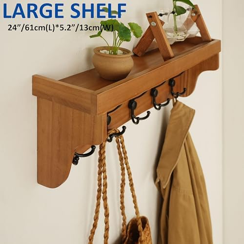 WEBI Wall Shelf with Hooks Underneath,24" Long Coat Rack Wall Mount with Shelf,Key Rack for Wall,5 Triple Hooks for Hanging Coats,Clothes,Jacket,Bathroom,Entryway,Light Brown - Image 5