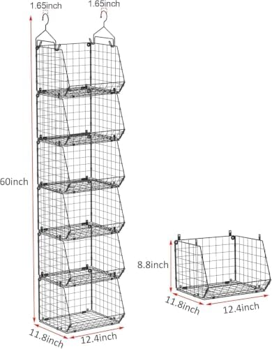 6 Tier Closet Hanging Organizer, Clothes Hanging Shelves with 4 Hanging Hooks 5 S Hooks, Wire Storage Basket Bins, for Clothing Sweaters Shoes Handbags Clutches Accessories Patent Design-Black - Image 3