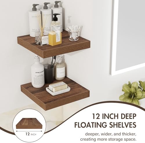 Acovy 12 Inch Floating Shelves, 12" Deep Floating Shelf Wall Mounted, 12" Wall Shelves, Rustic Deep Bookshelf, Extra Deeper Display Shelves & Storage Shelves for Bedroom, Living Room, Set of 3 - Image 5