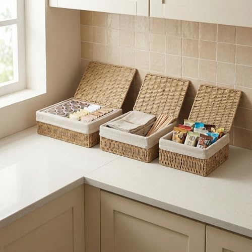 Large Storage Baskets with Lid Set of 3, Woven Bins with Liner - Image 4