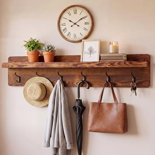 Geelin 35 Inch Wall Shelf with Hooks and Shelf Organizer Wall Mount Coat Rack with 6 Hooks for Hanging for Entryway, Hallway, Bathroom, Living Room, Bedroom by Geelin