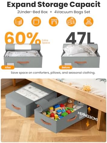 TOSKING 2-Pack Under Bed Storage Bins with Wheels, 4 Vacuum Bags, Heavy Duty 80 lbs, 7.9" Height, 47L Clear Lid Organizer, Space Saver for Dorm Bedroom Clothes Shoes Toys, Quick Assembly, Gray - Image 5