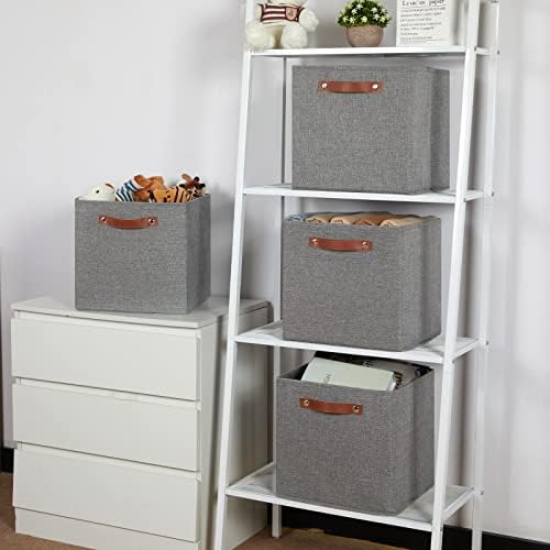 Temary 12x12 Storage Cube Bins 4 Pack Fabric Storage Cubes Storage Bins with Leather Handles, Storage Baskets Foldable Cube Organizers Bins for Home (Grey) - Image 5