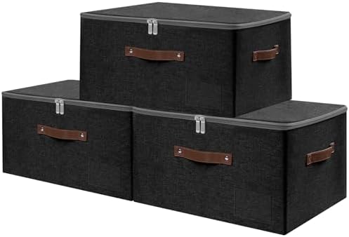 ANMINY Storage Box Fabric Bins with Zipper Lid, 17.7"x13.8"x10" Black, 3PCS by ANMINY