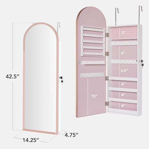 Best Choice Products Arch Mirror Jewelry Cabinet, Jewelry Storage Organizer, Armoire, Lockable Wall or Door Mountable, Full-Length Mirror - Rose Gold - Image 2