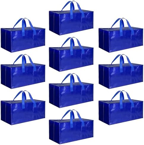 HealSmart 10 Pack Extra Large Moving Bags with Zippers & Carrying Handles, Heavy-Duty Storage Tote Moving Boxes for Dorm Room Essentials Storage Bags, Blue by HealSmart