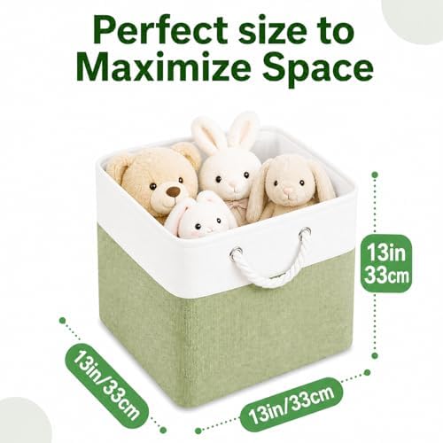 Fabric Storage Cubes 13 x 13, Collapsible Storage Bins for Shelf Baskets, Cube Storage Organizer White Green Bins with Cotton Handles, Foldable Storage Bin box, Cube Storage Bin 6 Pack - Image 4