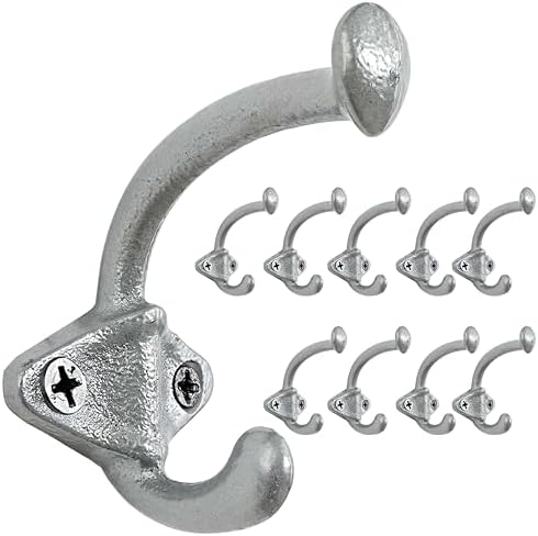 Dseap Cast Iron Wall Hooks, Heavy Duty Coat Hooks, Rustic Vintage Farmhouse Hook for Hanging Winter Coats Jackets Towels Hats Bags Plants, Silver, Pack of 10 (ShldCast) by Dseap