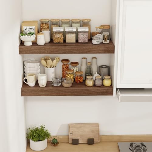 Acovy 30 Inch Floating Shelves, 12" Deep Floating Shelf Wall Mounted, 30" Wall Shelves, Rustic Deep Bookshelf, Extra Deeper & Thicker Display Shelves for Bedroom, Living Room, Walnut, Set of 2 - Image 2