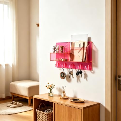 Acrylic Key Holder Wall Mount Mail Organizer for Wall with Shelf Storage Drawer and 5 Hooks, Neon Pink - Image 3