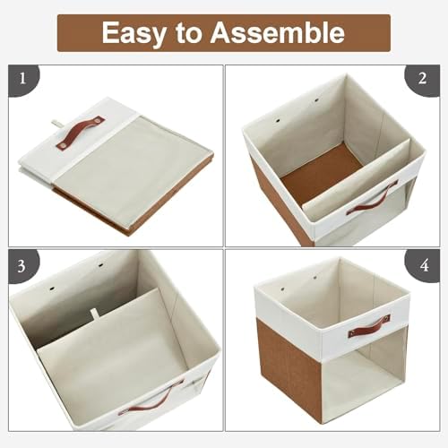 Bagnizer Storage Cubes, 4 Pack Linen Foldable Storage Bins with Clear Window and 2 Handles, 13x15x13 Storage Cube Bins for Shelf Closet, Kallax, Clothes, Books - (Brown / Off-White) - Image 6