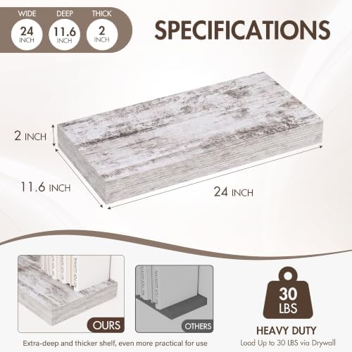 Acovy 24 Inch Floating Shelves, 12" Deep Floating Shelf Wall Mounted, 24" Wall Shelves, Rustic Deep Bookshelf, Extra Deeper & Thicker Display Shelves for Bedroom, Living Room, Set of 2 - Image 3
