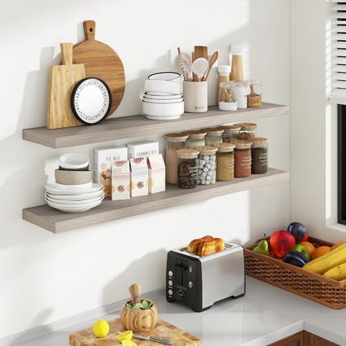 Acovy 48 Inch Floating Shelves, 8 Inch Deep Floating Shelves for Wall, Hanging Shelf with Invisible Brackets, Deep Shelves for Bathroom, Bedroom, Living Room, Grey, Set of 2 - Image 2