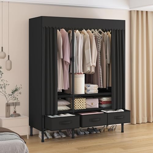 Portable Closet with Drawers 43.3"x17.7"x65.7" Wardrobe Closet Black - Image 2