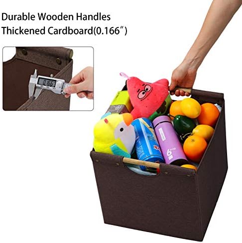 HOONEX Collapsible Storage Bins, 12x12x12in Storage Cubes Linen Fabric, Pack of 3, Storage Baskets with Wooden Carry Handles and Sturdy Heavy Cardboard, for Home, Office, Car, Nursery, Brown - Image 3