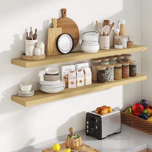 Acovy 55 Inch Floating Shelves, 8 Inch Deep Floating Shelves for Wall, Hanging Shelf with Invisible Brackets, Deep Shelves for Bathroom, Bedroom, Living Room, Oak, Set of 2 - Image 2