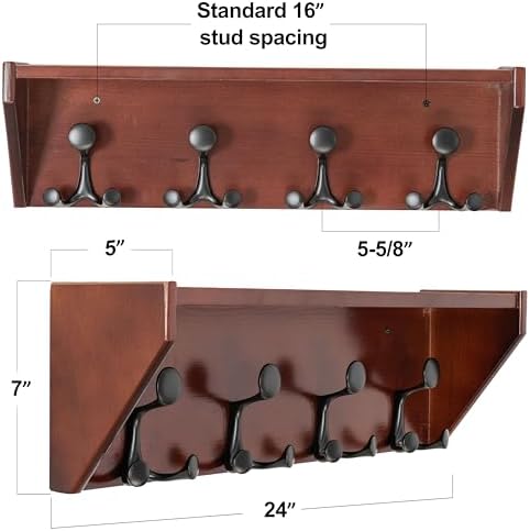 SKOLOO Wall Shelf with Hooks, 24-Inch Cherry Coat Rack Wall Mount with Shelf Organizer - Heavy Duty, 4 Tri Hooks - Perfect for Entryway, Hallway, Living Room, Bedroom, Mudroom - Image 2