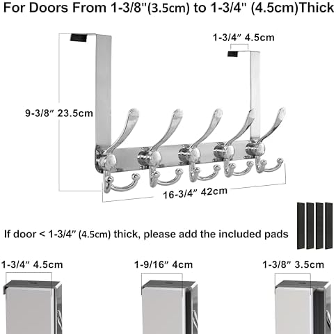 Dseap Over Door Hook 2.0 - Upgraded Version - Simple-Assembly, Strong, Heavy-Duty Stainless Steel 5-Tri-Hook Over The Door Hanger Rack, SimpleStrong Series, Chromed, Pack of 2 - Image 5
