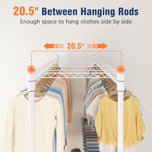 Homdox Heavy Duty Rolling Clothes Rack, Adjustable Clothing Rack for Hanging Clothes, Portable Closet Rack with 4 Hanging Rods, 2 Storage Shelves, 35.5" W x 20.5" D x 80" H, White - Image 4