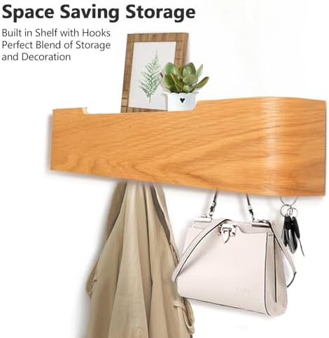 Coat Rack Wall Mount with Hidden Hooks Modern Key Holder Wood Entryway Hook with Shelf for Bedroom Kitchen Hallway Bathroom Designed for Hanging Coats Hats Bags Towels Dog Leashe(Oak,5 Hooks) - Image 2