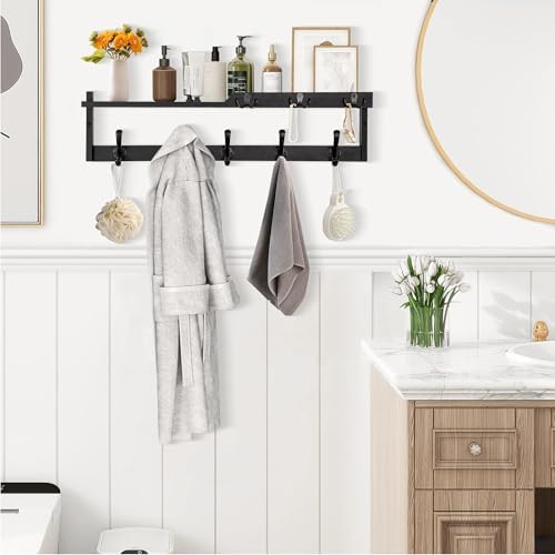 29'' Coat Rack Wall Mount with Shelf, Coat Hanger Wall Mount with Key Hooks and Mail Holder, Wood Entryway Floating Shelf with Hooks and Storage, Hat Rack for Wall Key Holder Mail Organizer - Image 4